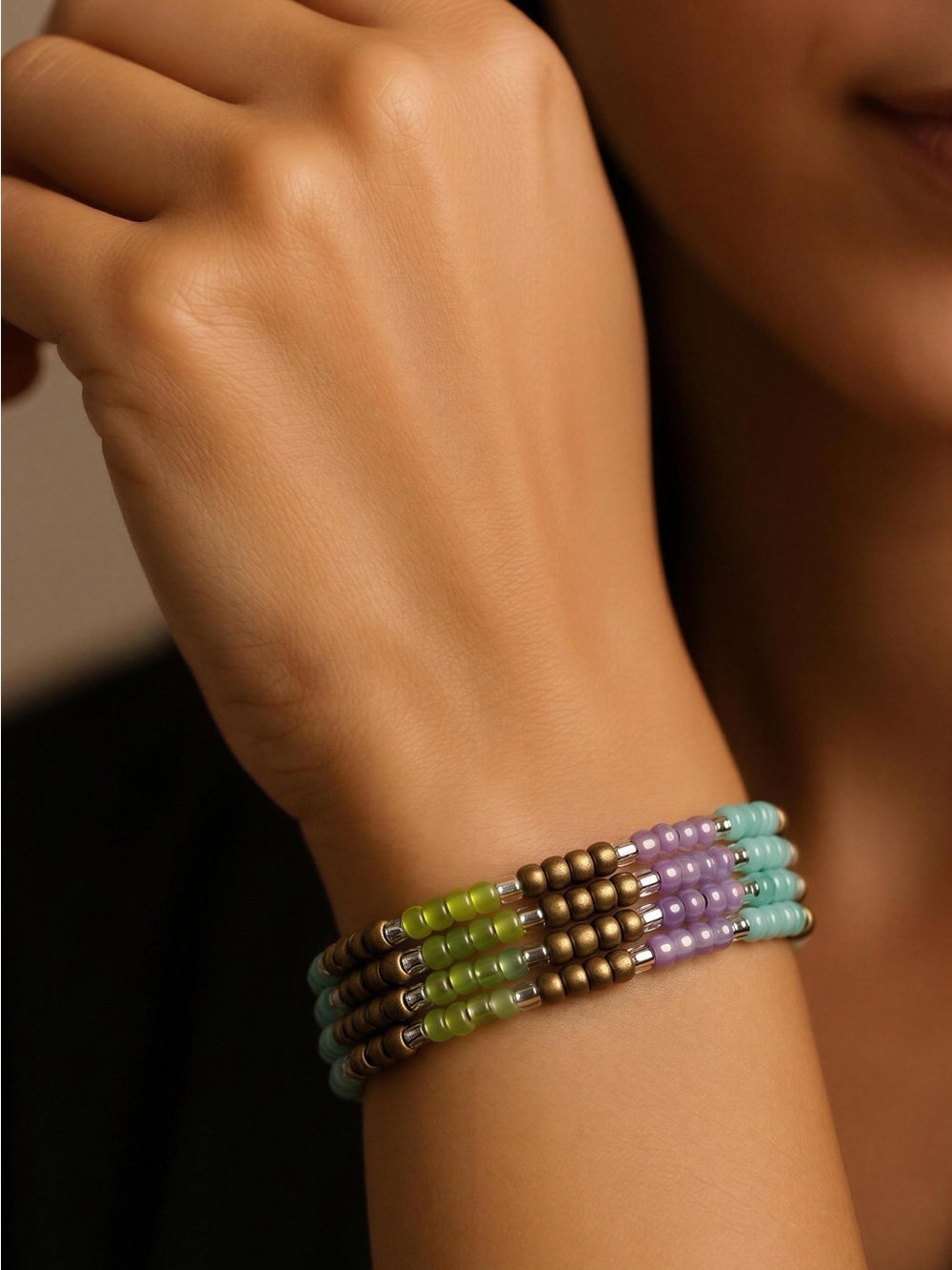 Triple-Row Beaded Stretch Bracelet — Aqua, Purple & Green